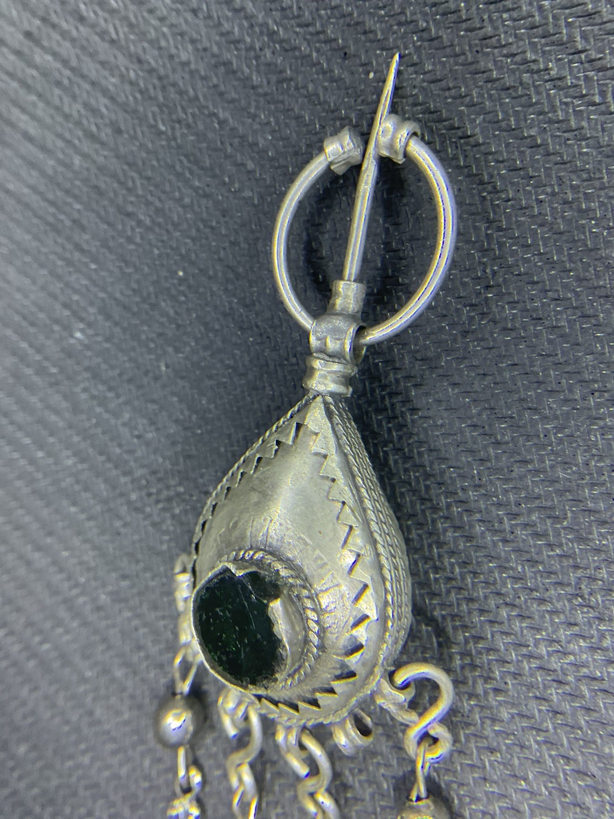 Moroccan Berber Fibula Tiznit Pendant Brooch Silver/ Green Gem *Read* 🌙