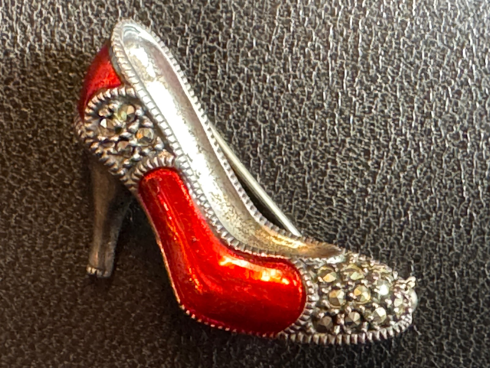 Vintage Judith Jack Red Enamel/Sterling/Marcasite Shoe & Purse Brooch Pin Set