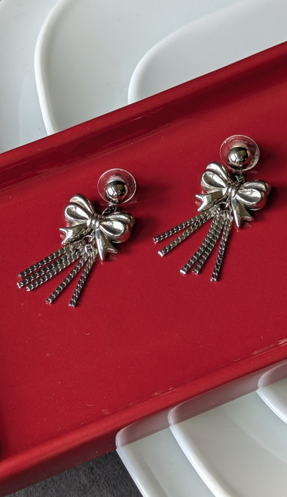 Vintage Silver Tone Ribbon Bow Tie Tassel Chain Charm Drop Stud Dangle Earrings