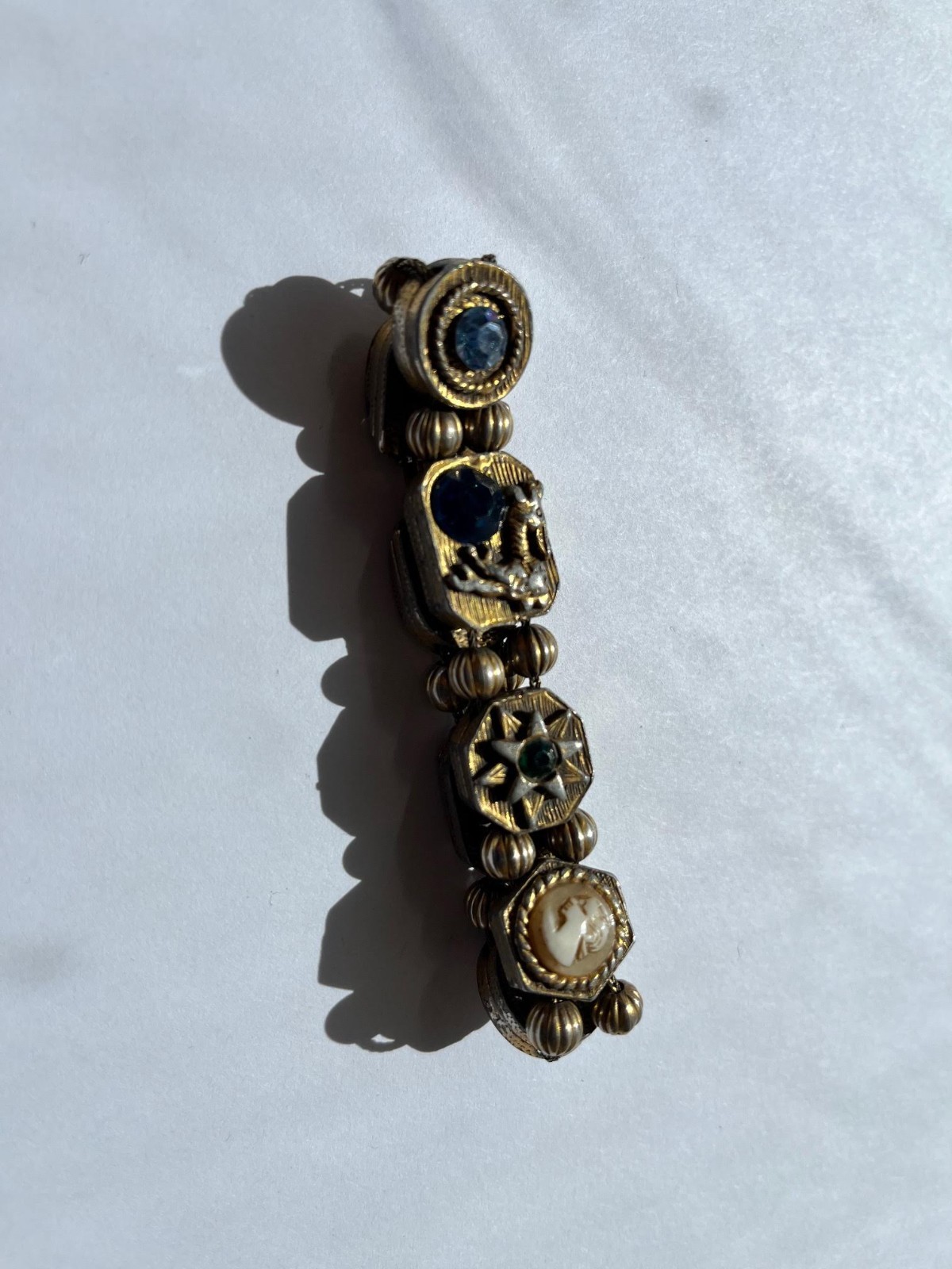 Vintage Goldette Victorian Revival Jeweled 8 Charm Slide Bracelet
