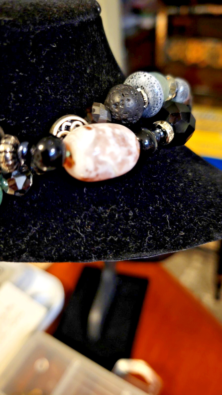 30″ necklace, rich green jadeite, black lava stone, lamp work, agate, silver.