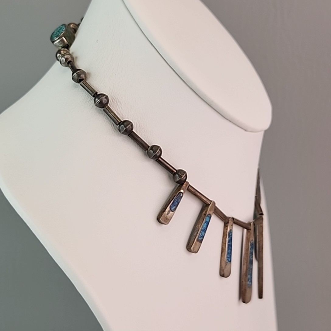 Vintage Mexican Necklace Sterling Silver Turquoise Chip Inlay Fringe Eagle 2