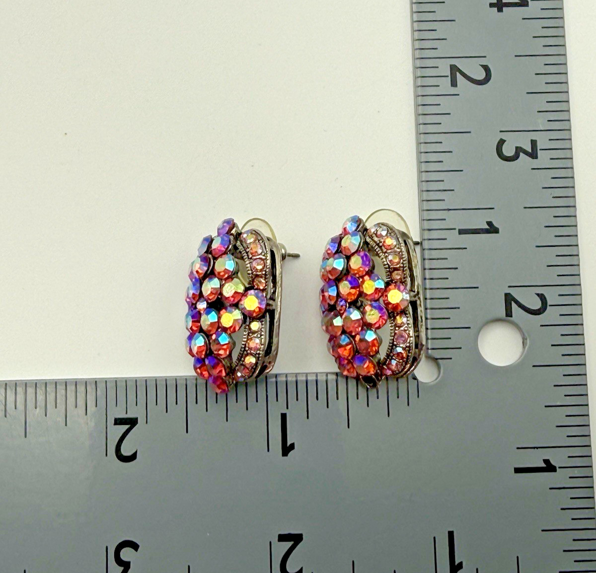Vintage AB Rhinestone Cluster Earrings Pink Purple Aurora Borealis Gunmetal