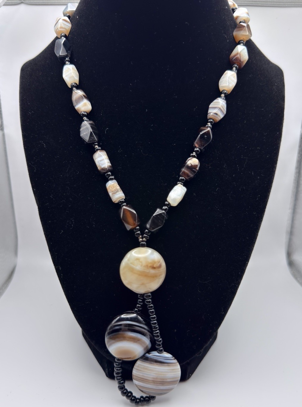 Vintage Agate Beaded 925 Sterling Silver Necklace Toggle Closure