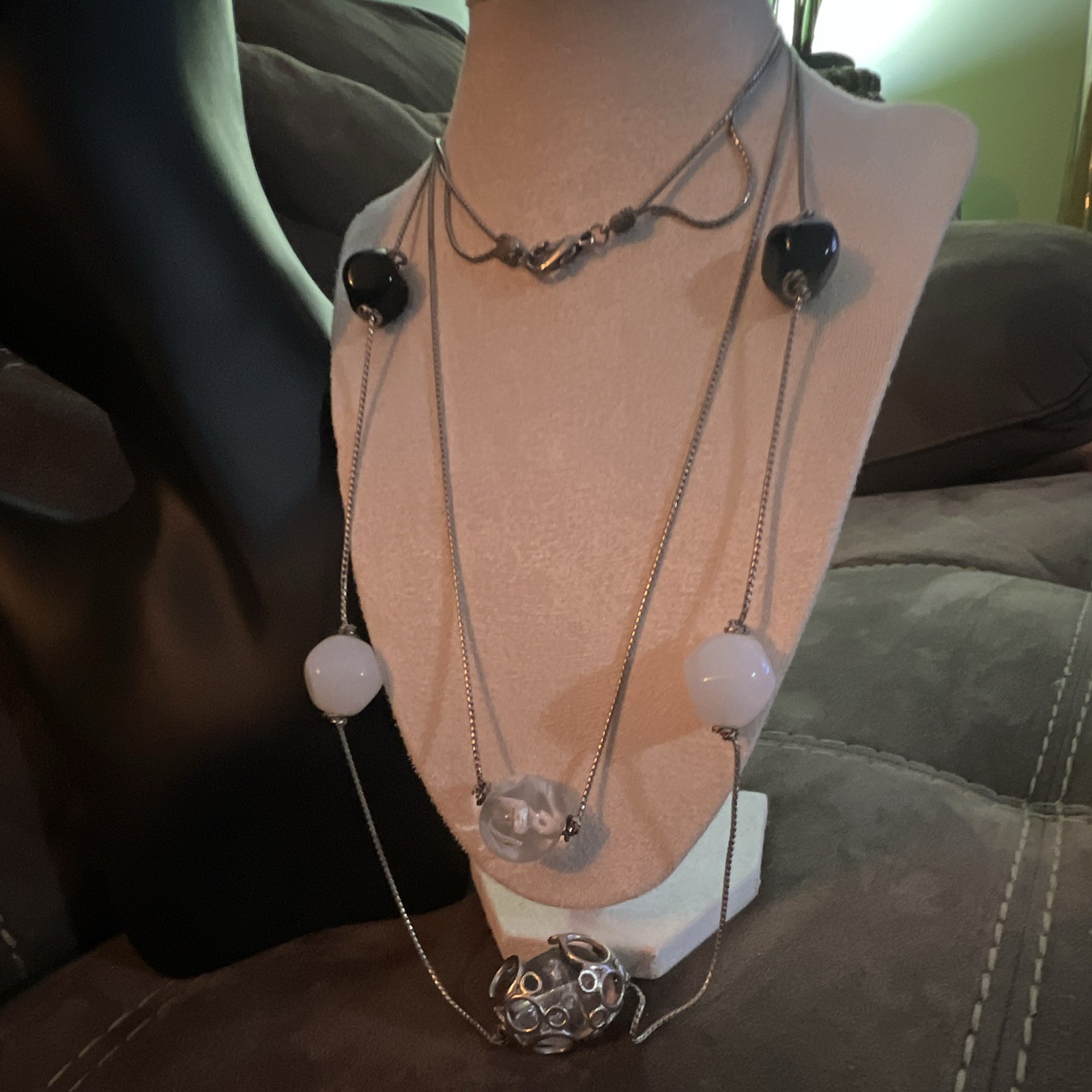 Vintage Silver Tone Multi-Strand Snake Chain Necklace Floating Lucite Beads 36”
