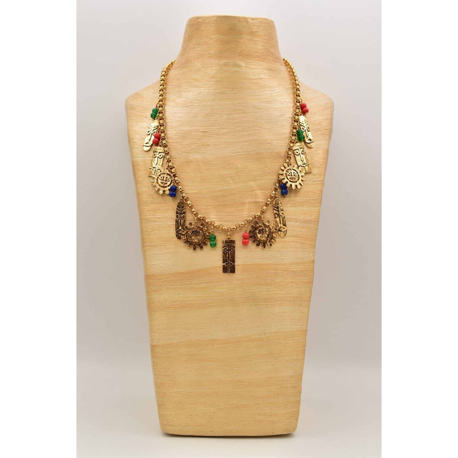 Vintage Tribal Charm Necklace Sun Tiki Mask Beaded Gold Heavy Chunky NOS BinA5