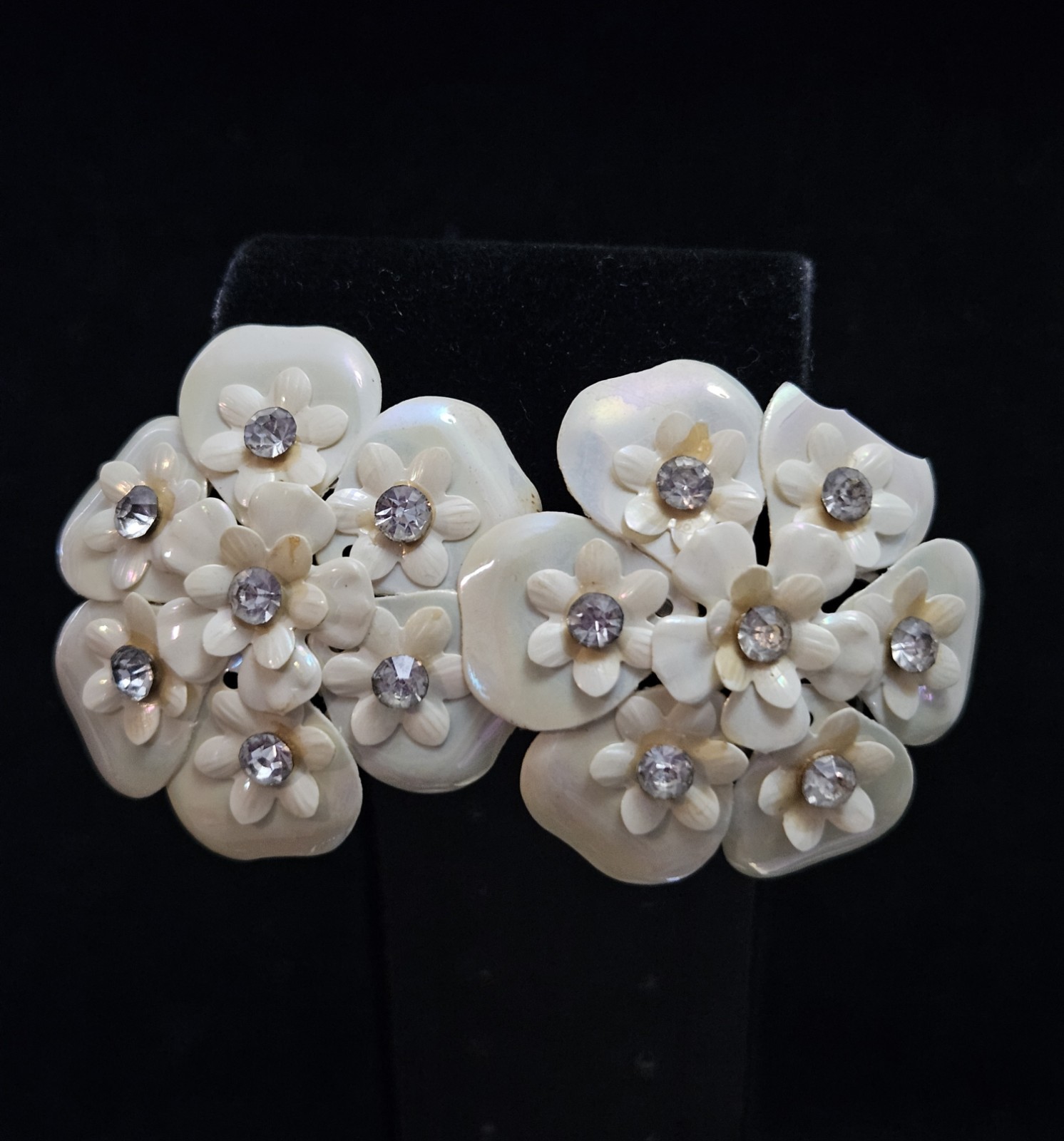 Vintage Floral Cluster Clip On Earrings Iridescent Petal Design with Rhinestone