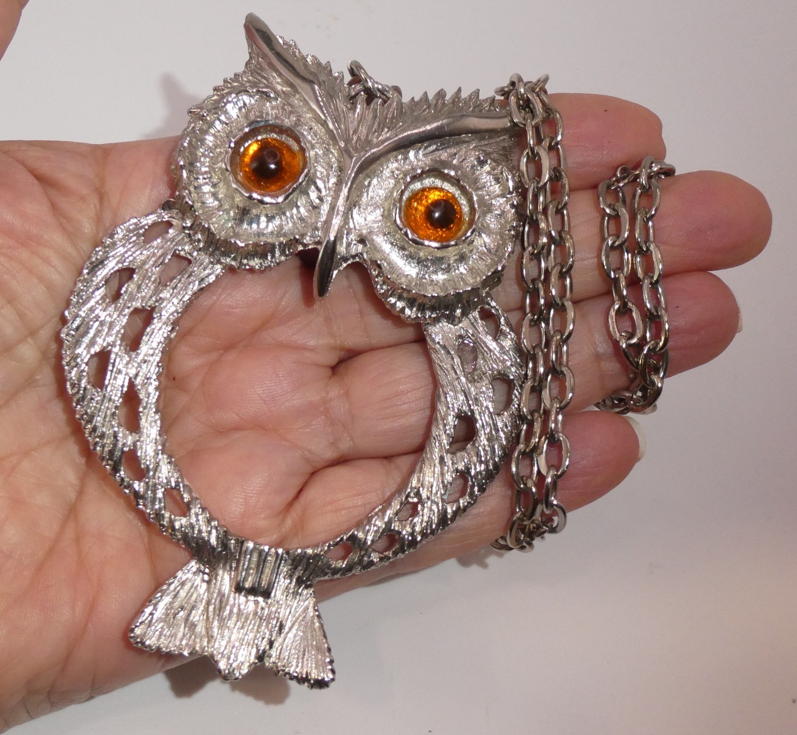 Vintage Huge Owl Pendant Chain Necklace Retro 70s Statement Jewelry Amber Eyes