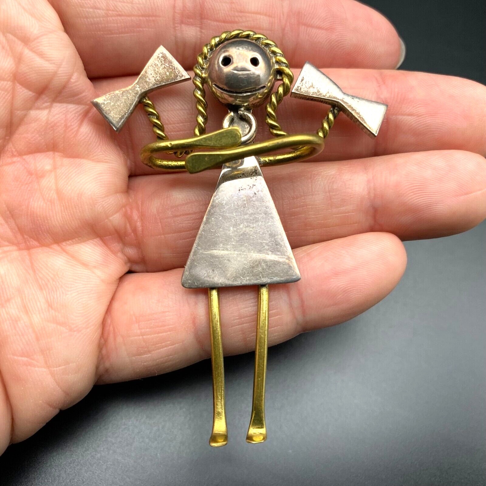 Vintage Mexico Girl Bow Knot Mixed Metal Sterling Silver Brass Pin Brooch