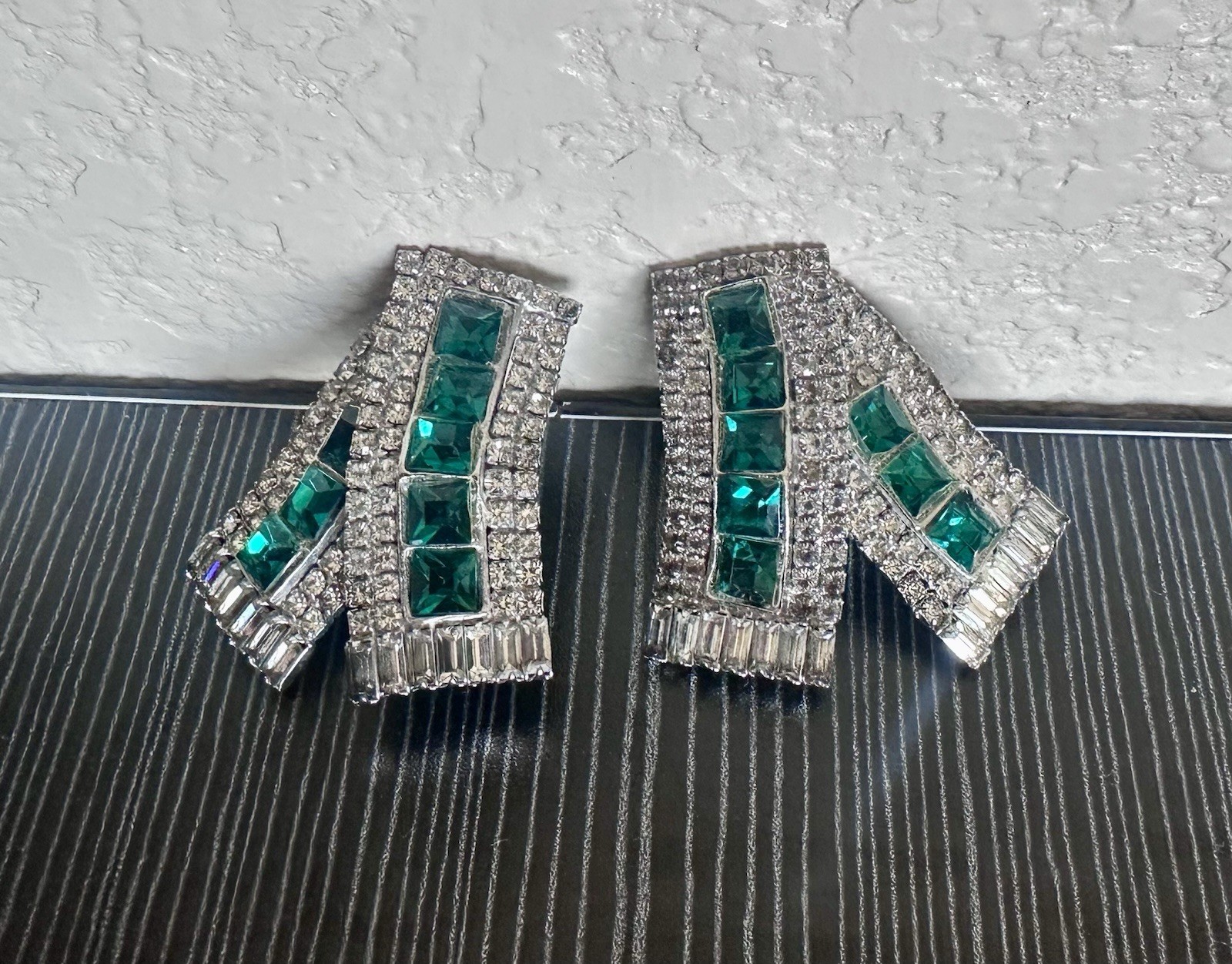 Vintage MMA Clip On Earrings W/ Ribbon-Fold Design + Emerald & Clear Rhinestones