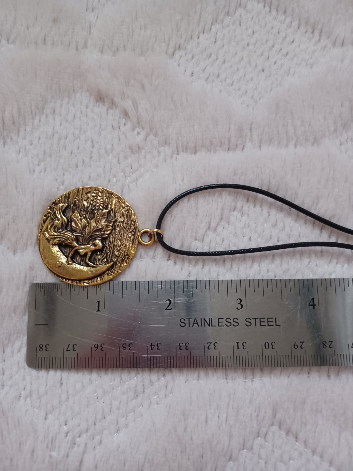 Vintage Gold Tone Moon Fairy Large Pendant On Cord Necklace 90s Y2k 2000s Style