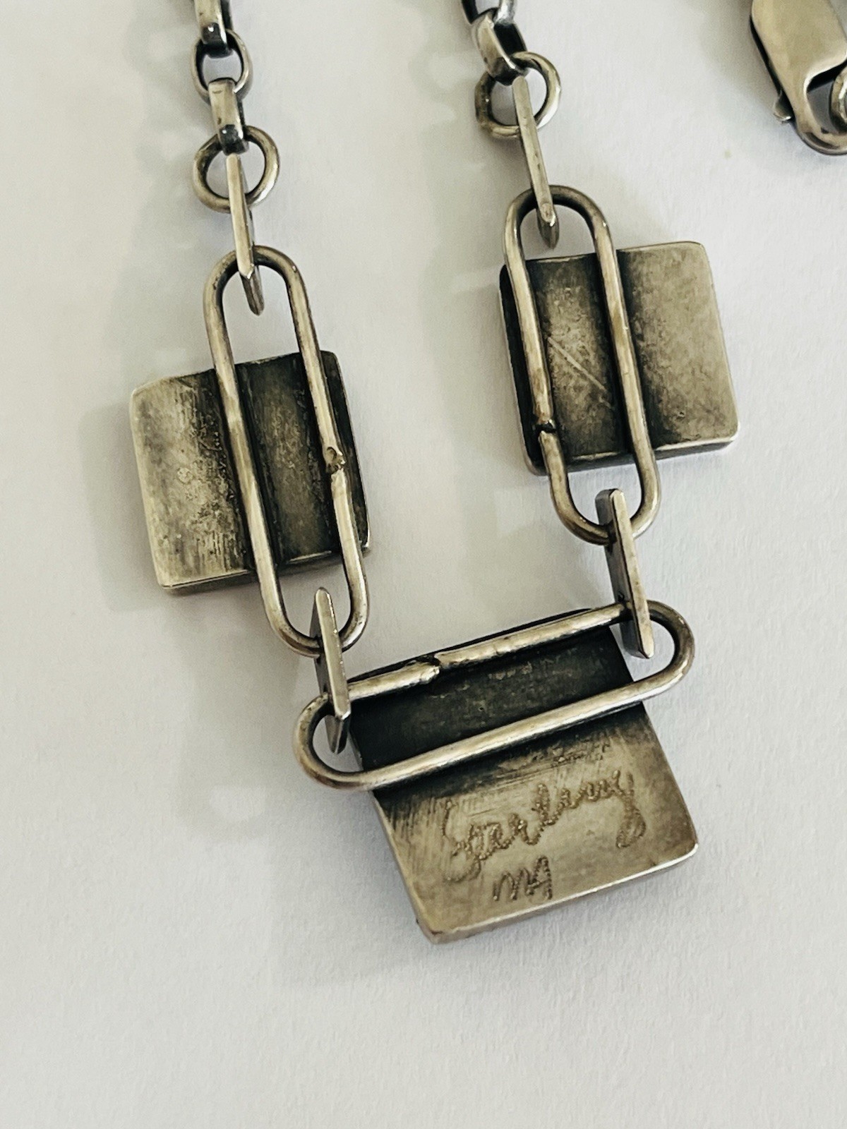 Vintage Signed Modernist Mixed Metal Sterling Silver Stone Link Necklace 32Grams