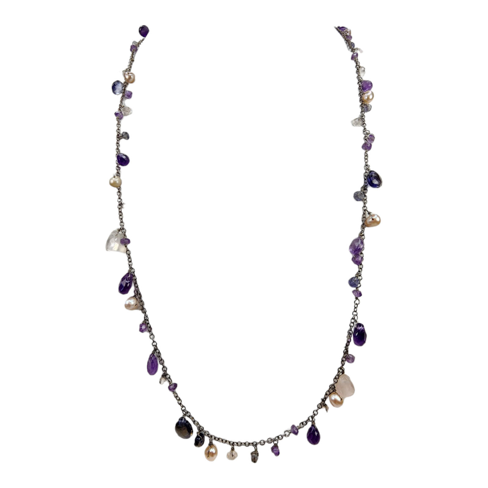 Sterling Silver 925 Necklace Faceted Amethyst Clear Quartz Pearl Beaded Dangle