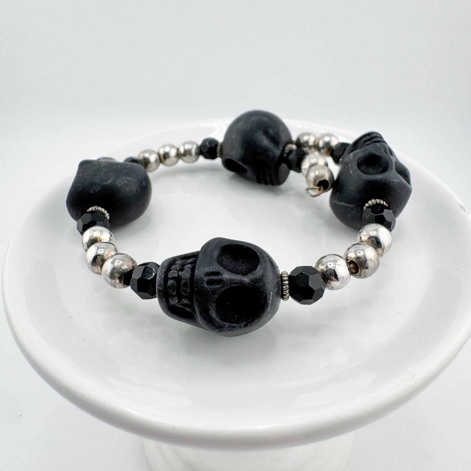 Black Skull & Silver Tone Beaded Stretchy Bracelet Gothic Edgy Rocker Punk Retro