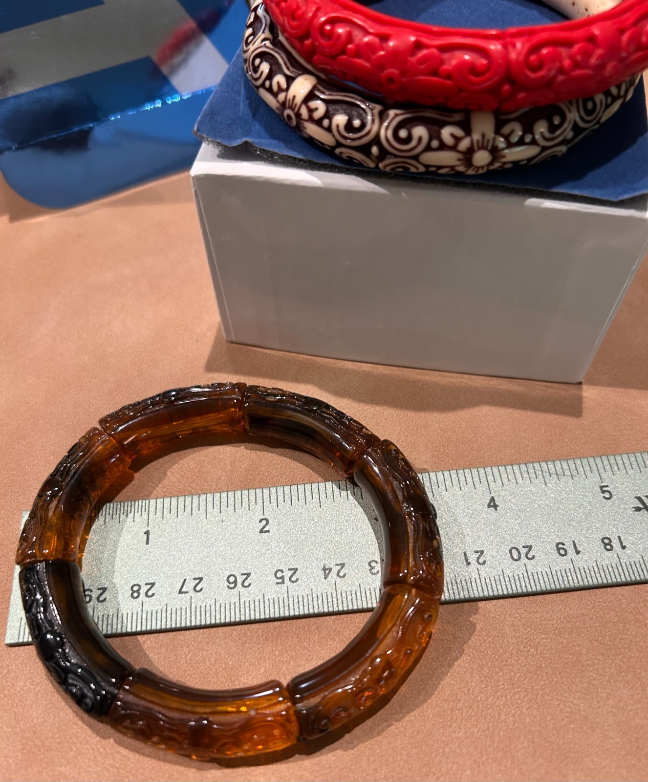 AVON Vintage Bangle Bracelet Set 3 Carved Acrylic Cinnabar Amber Cream Color NIB