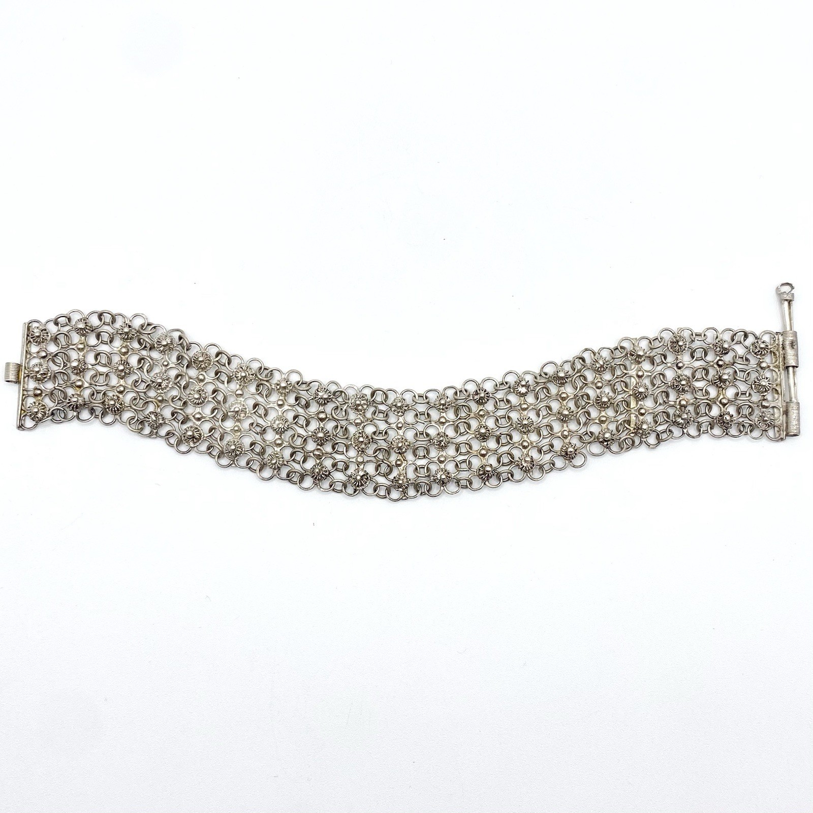 Vintage Sterling Silver Cannetille Filigree Link Bracelet Mesh Etruscan Revival