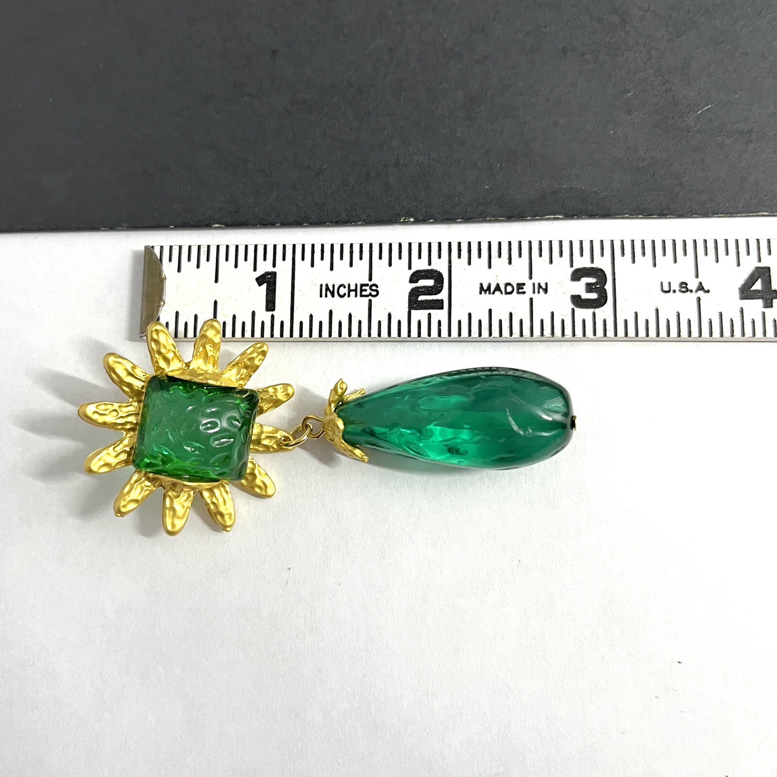 Brutalist Gripoix Style Earrings Pierced Teal Green Matte Gold Sunburst Dangle