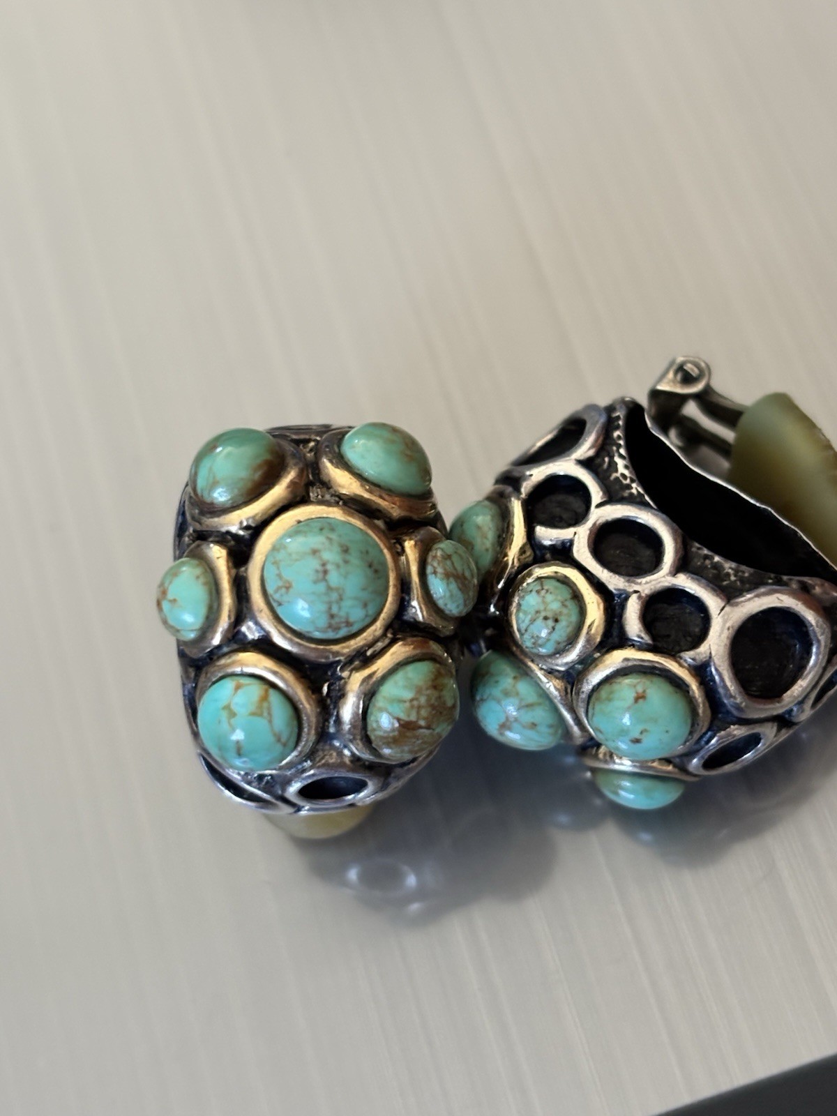 RARE DIAN MALOUF STERLING SILVER 14K Gold Turquoise Clipon Earrings 40 Grams