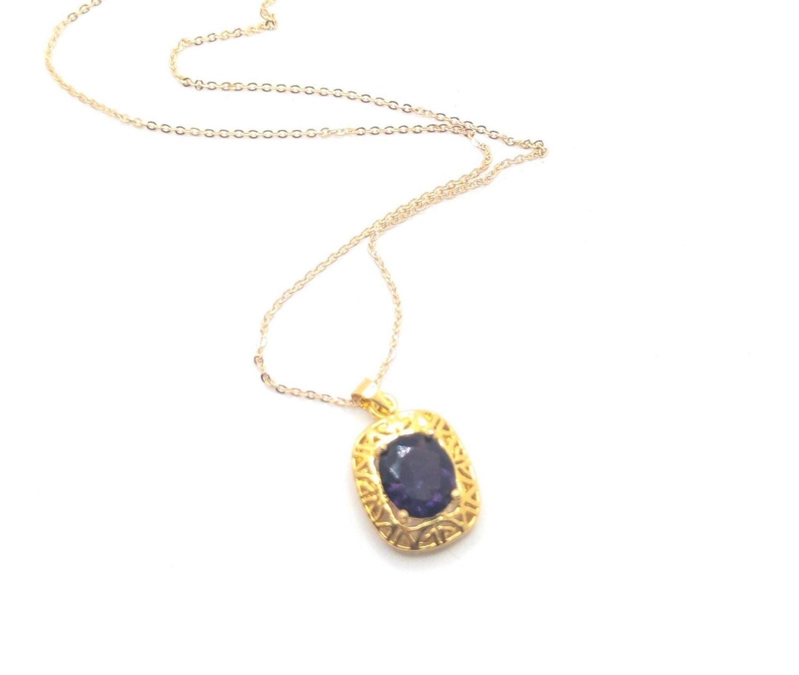 Vintage Gold Plated Sterling Silver Dark Purple Rhinestone Necklace Pendant Gift