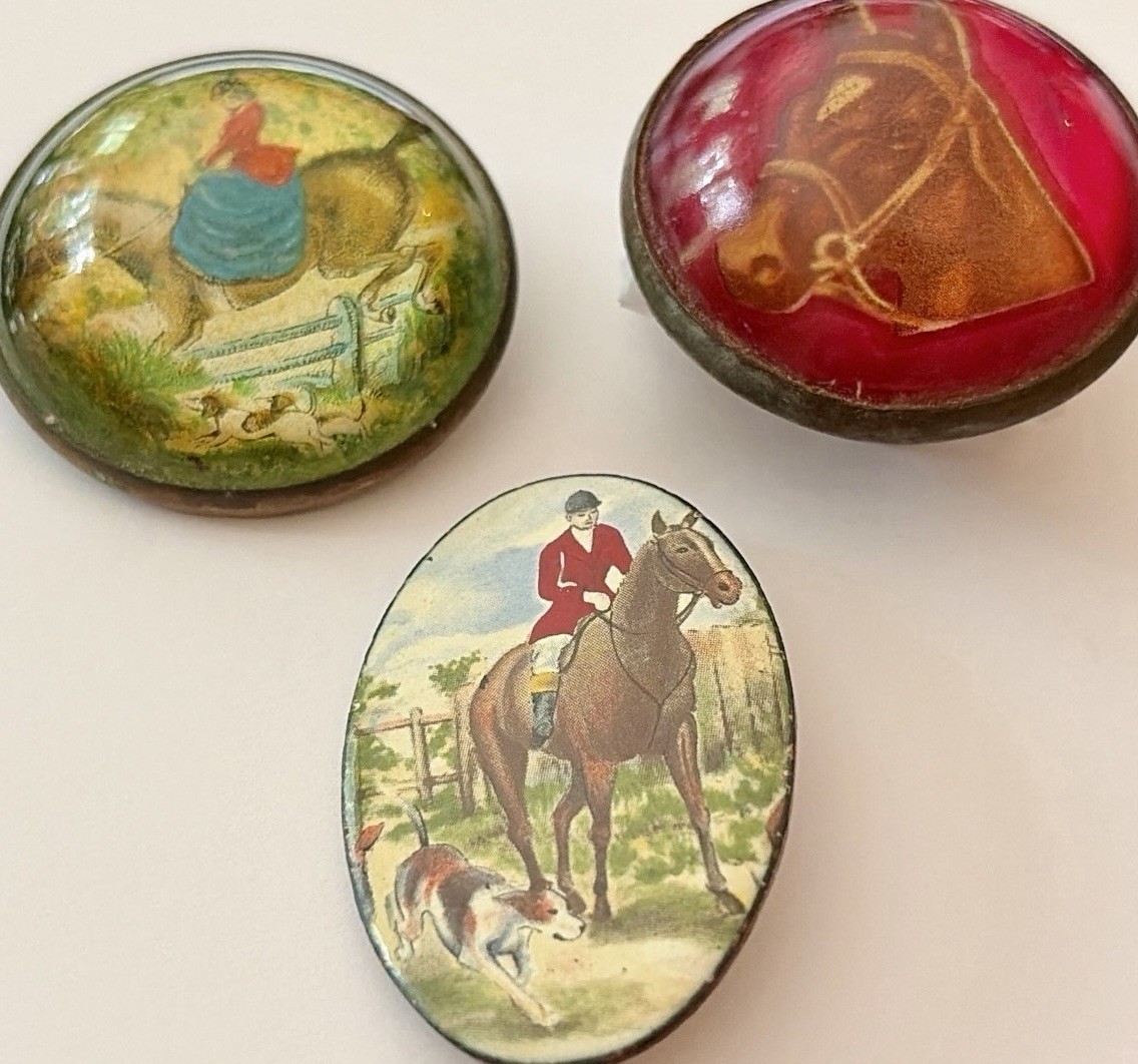 Equestrian Reverse Painted Glass Cabochon Brooch Pin Horse 2 Rosettes & 1 Pin