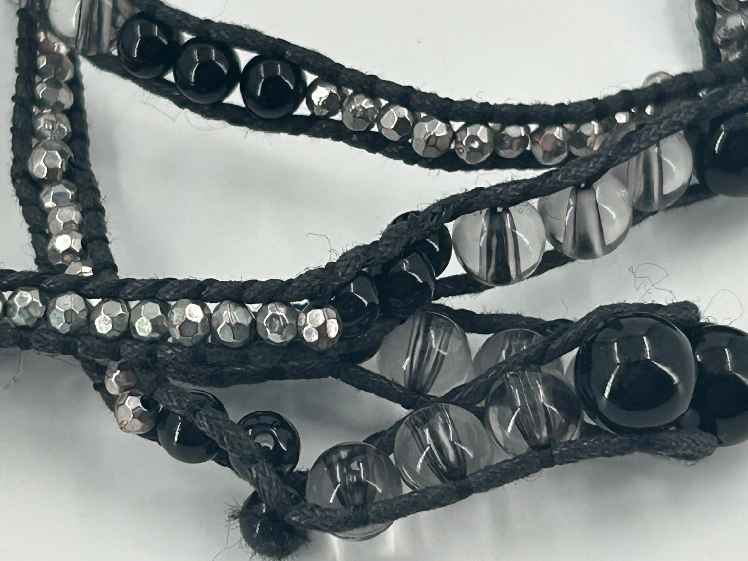 Multi-strand Wrap Bracelet Silver Tone 18″ Black Cord Glass Bead Bell Boho