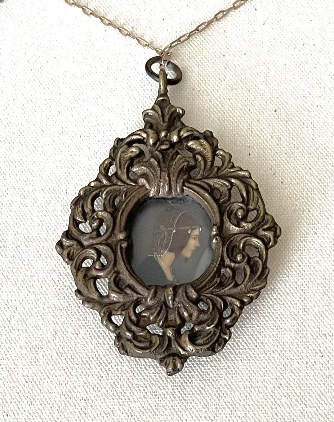 1840 Italian Portrait Pendant ST CECILIA with Harp Enamel Miniature Rome Bronze