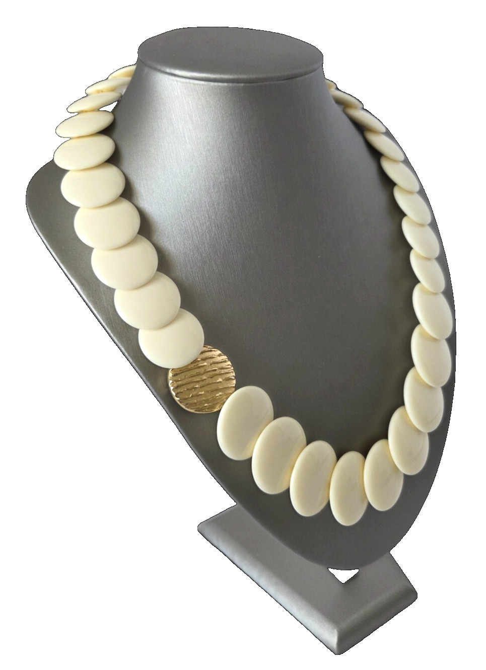 Vintage Lucite Round Flat Graduated Bead Necklace Ivory And Gold Focal Bead 24″