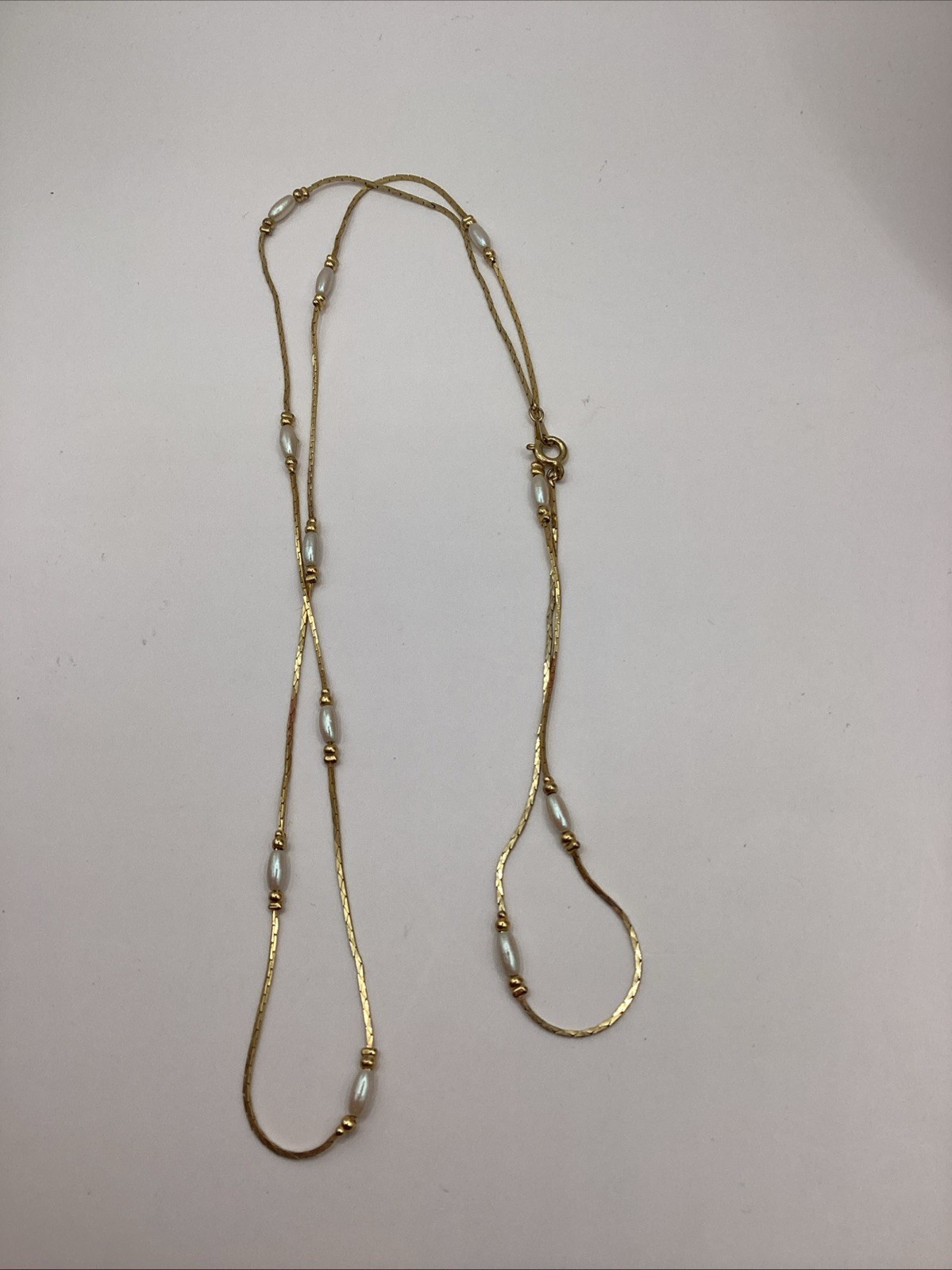 Vintage Gold Tone Bar And Link Station Necklace With White Faux Pearls 30in Long