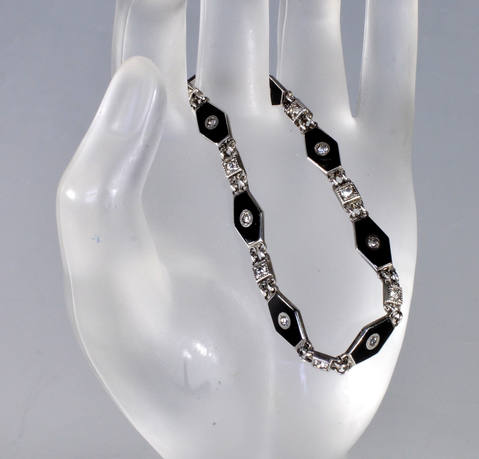 ANTIQUE ART DECO BLACK ENAMEL PASTE STERLING BRACELET C.1920