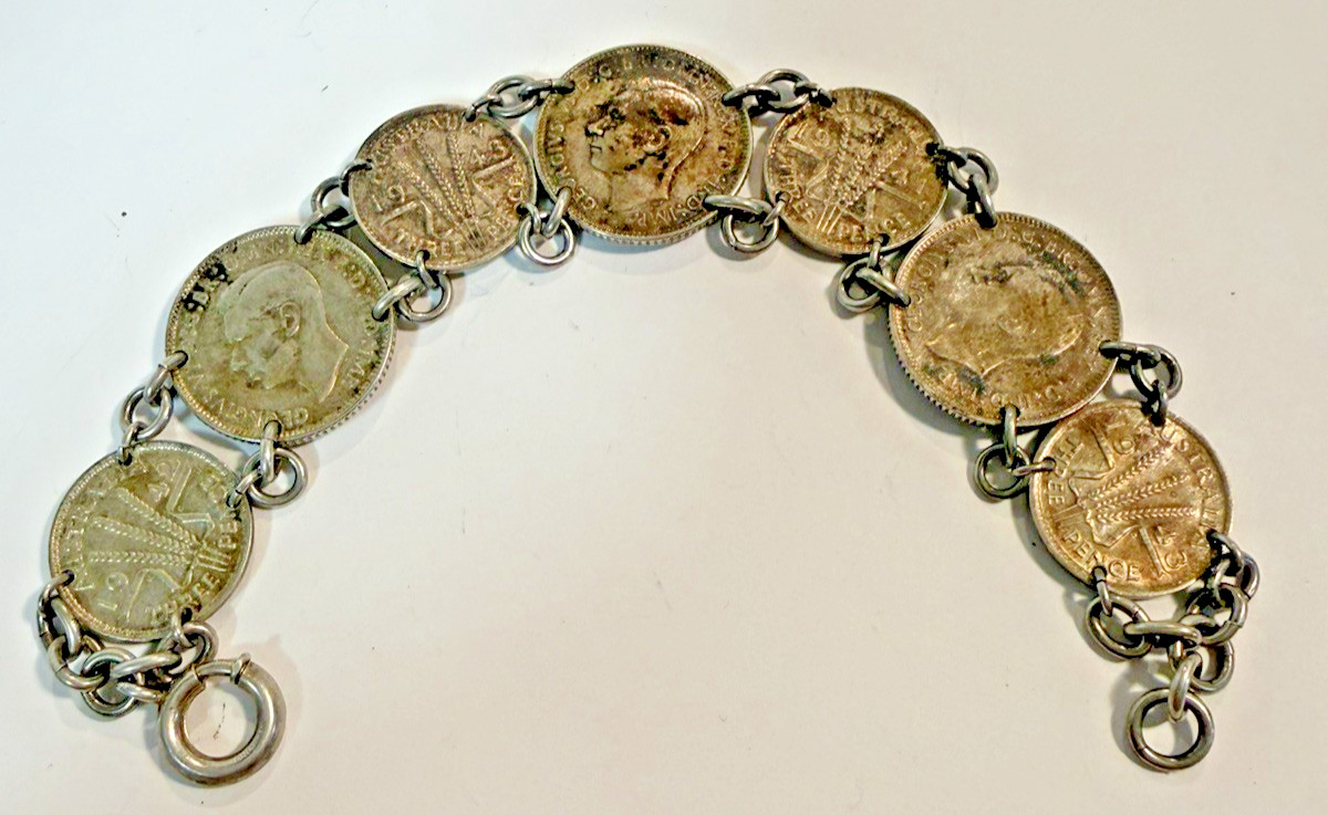 vintage coin Link bracelet 1940s Handmade australian sixpence threepence