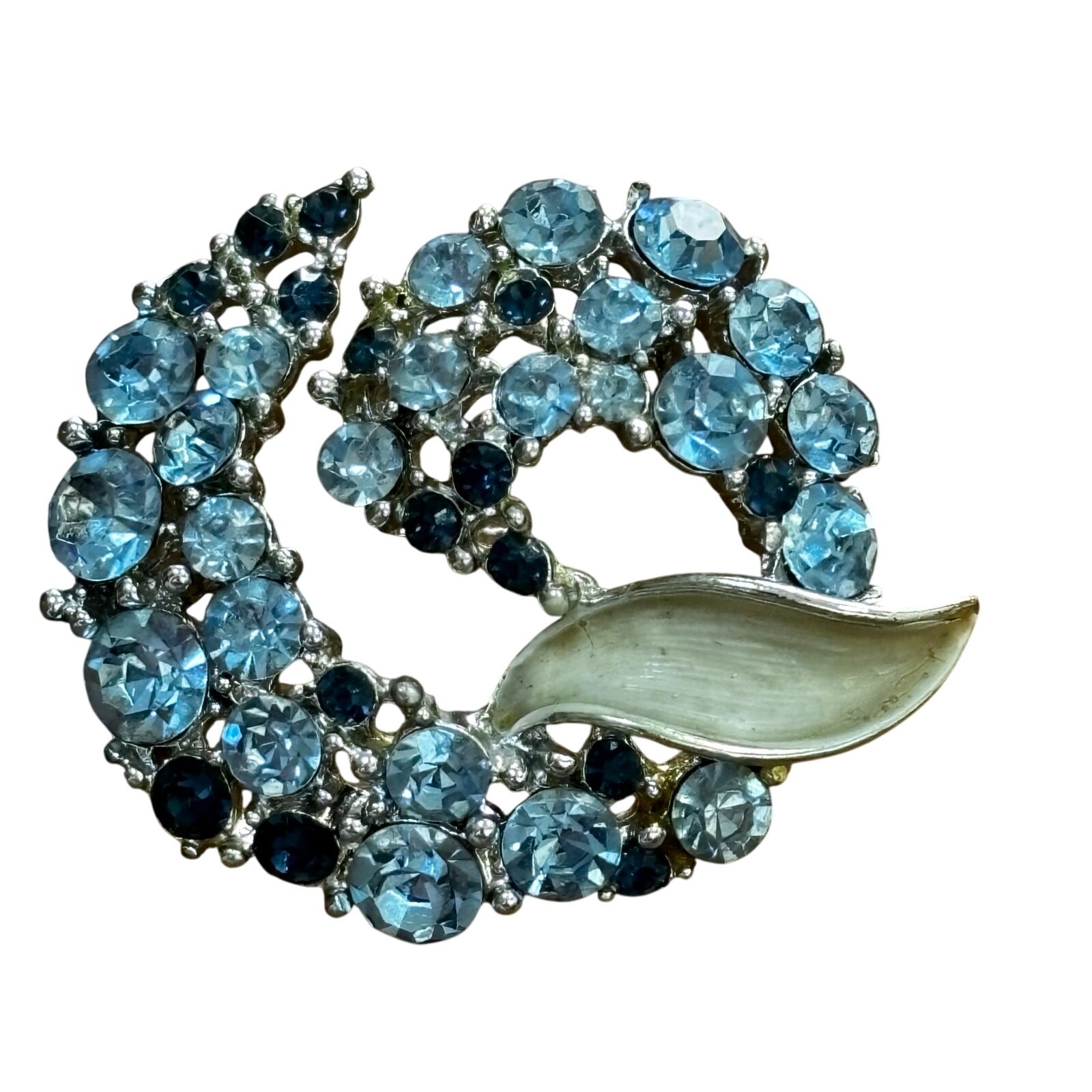 Vintage Mid Century BSK silver brooch lite dark blue rhinestones enamel finish