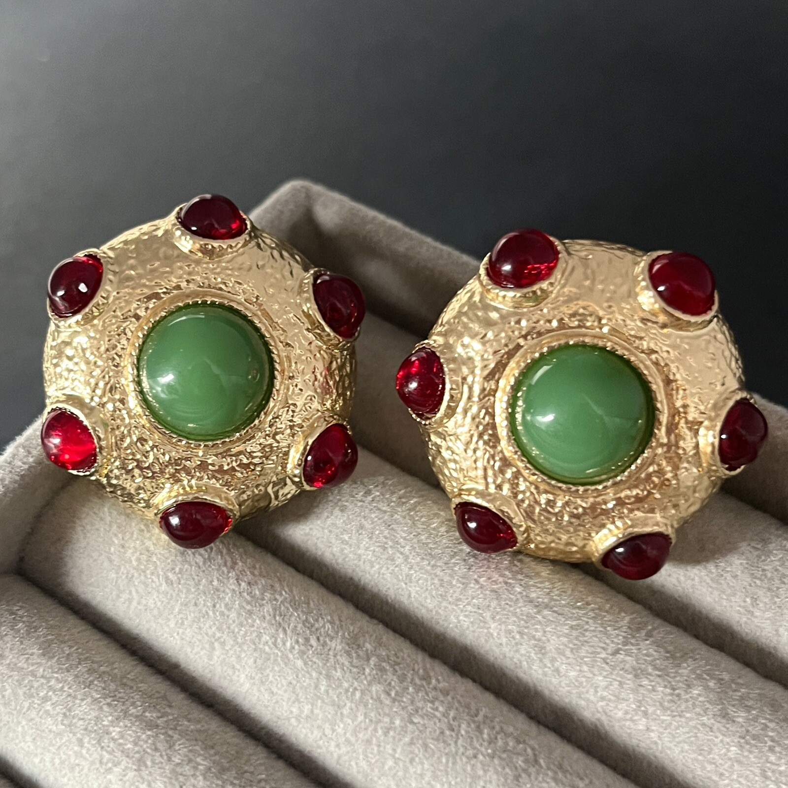 Etruscan Gripoix Glass Earrings Red Green Mogul Gold Dome Pierced Designer Style