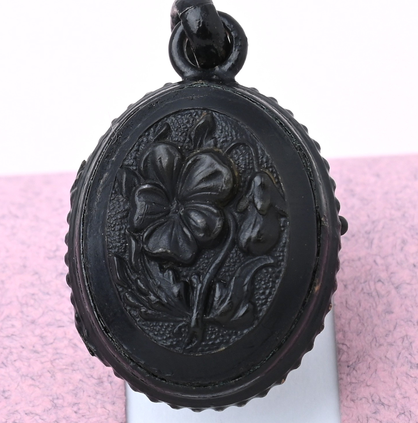 Antique Victorian Mourning Pansy Flower Puffy Double Sided Pendant Locket