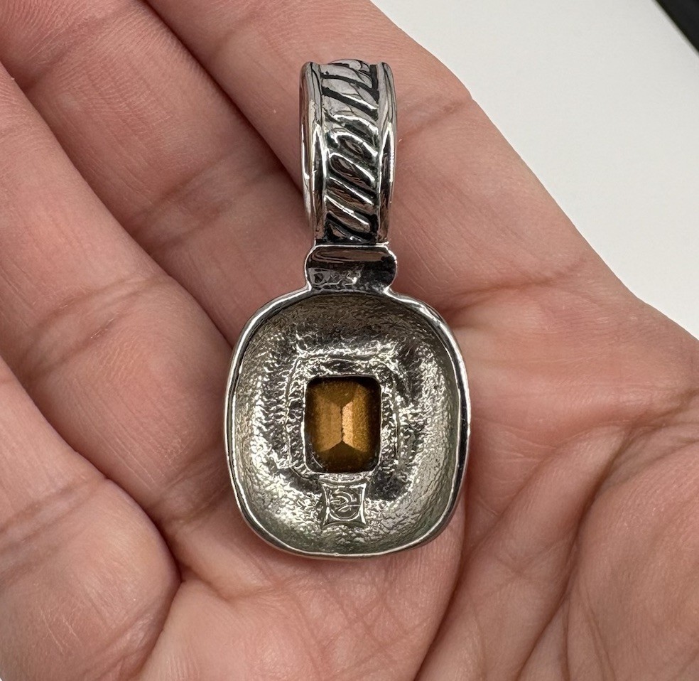 John Candice Green Gem Pendant Silver Tone Rope Border Mixed Metal Jewelry