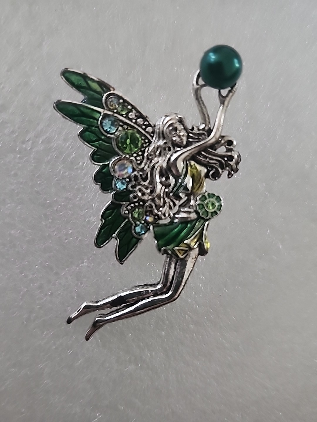 Silver Tone Enamel And Rhinestone Beautiful Fairy Brooch Whimsical Fairycore
