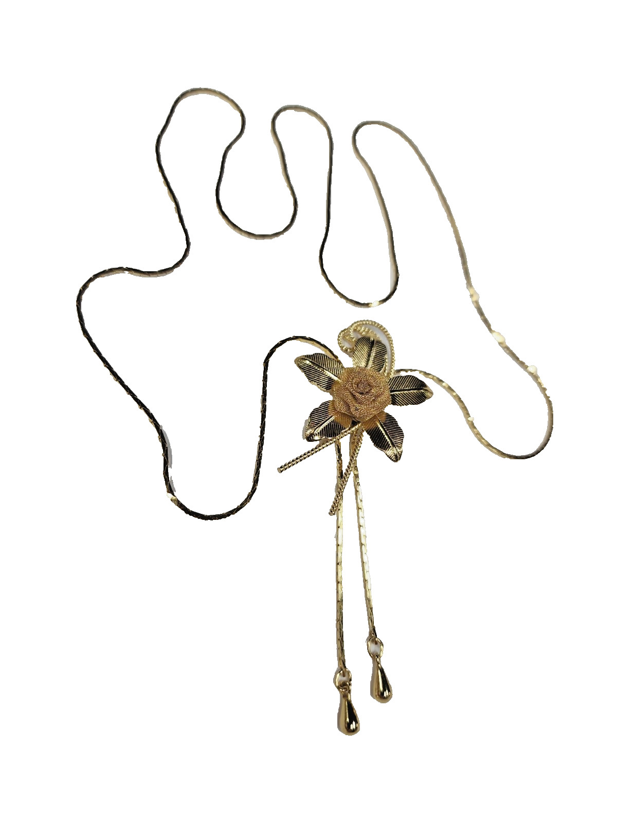 Gold Flower ~ Adjustable Female Necktie style Necklace ~ 26″ total~ Gold tone