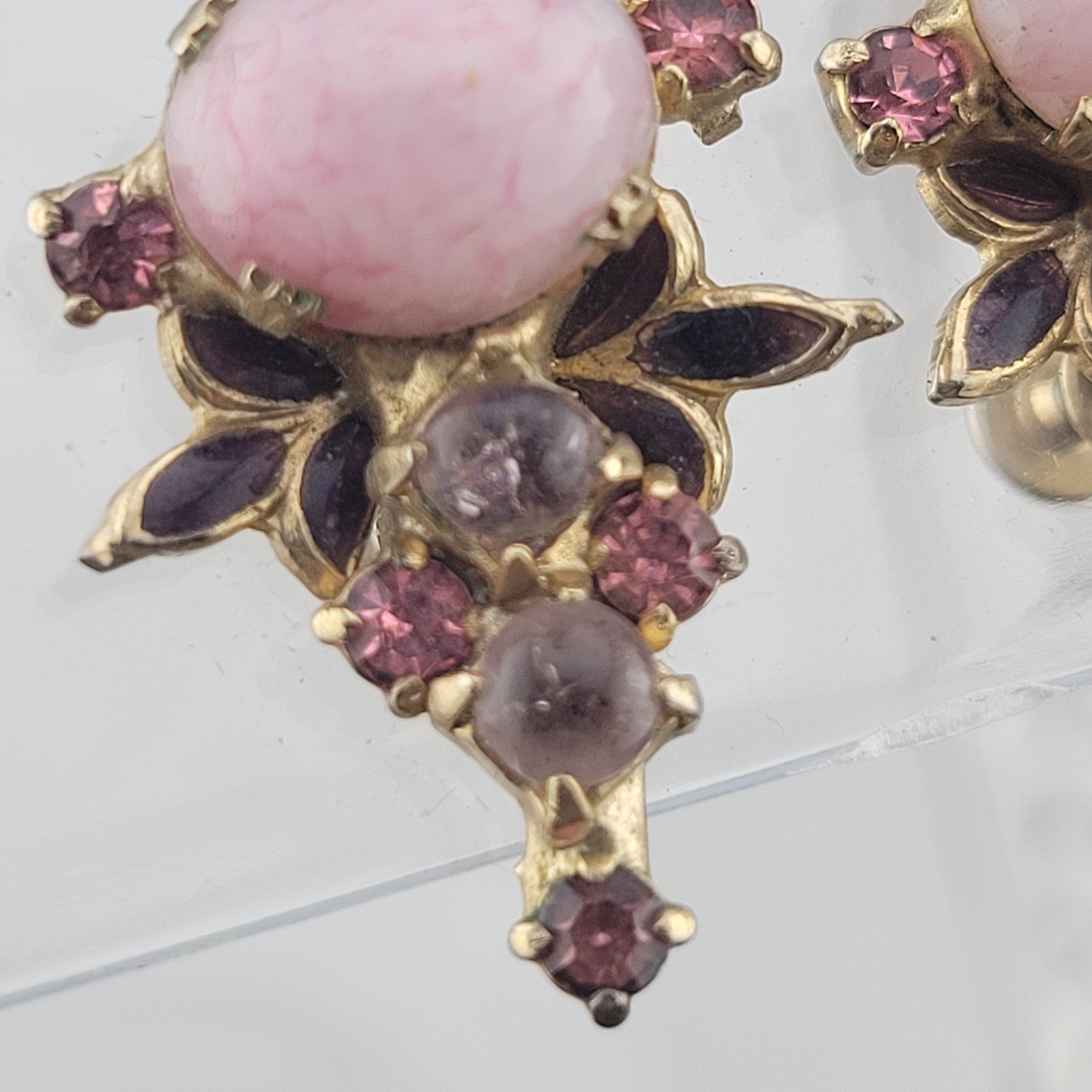 Victorian Pink Molded Glass Gripoix Cabochon Purple Enamel Screw Earrings 1 1/8″