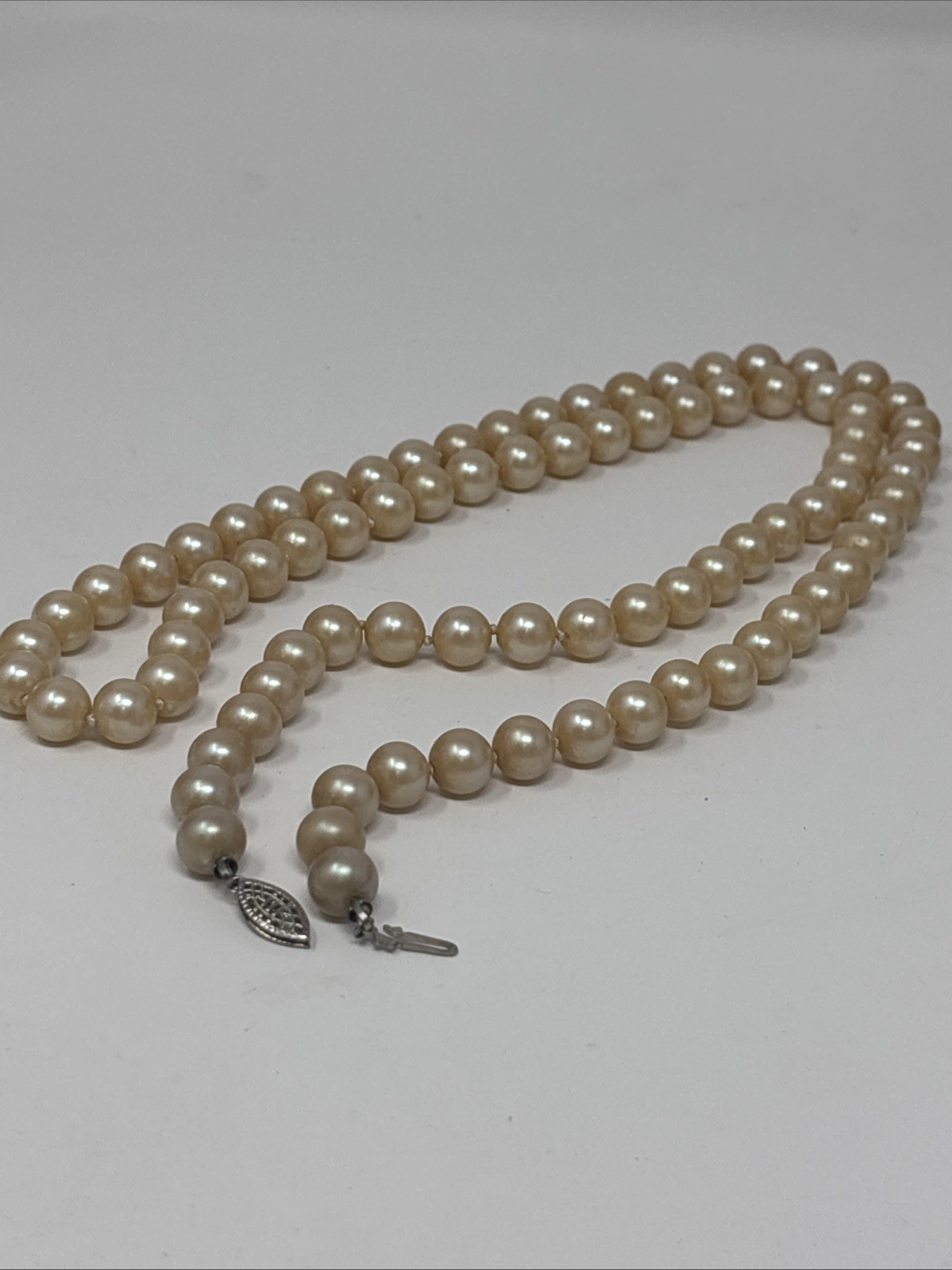 Vintage Art Deco Faux Pearl Necklace Sterling Filigree Fish Hook Clasp