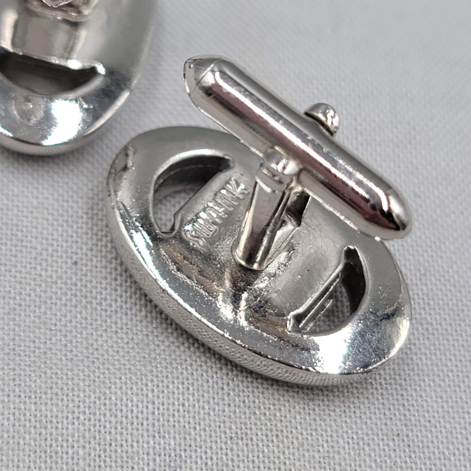 Vintage Swank Mens Cufflinks Green Rhinestone Silver tone Oval 1″