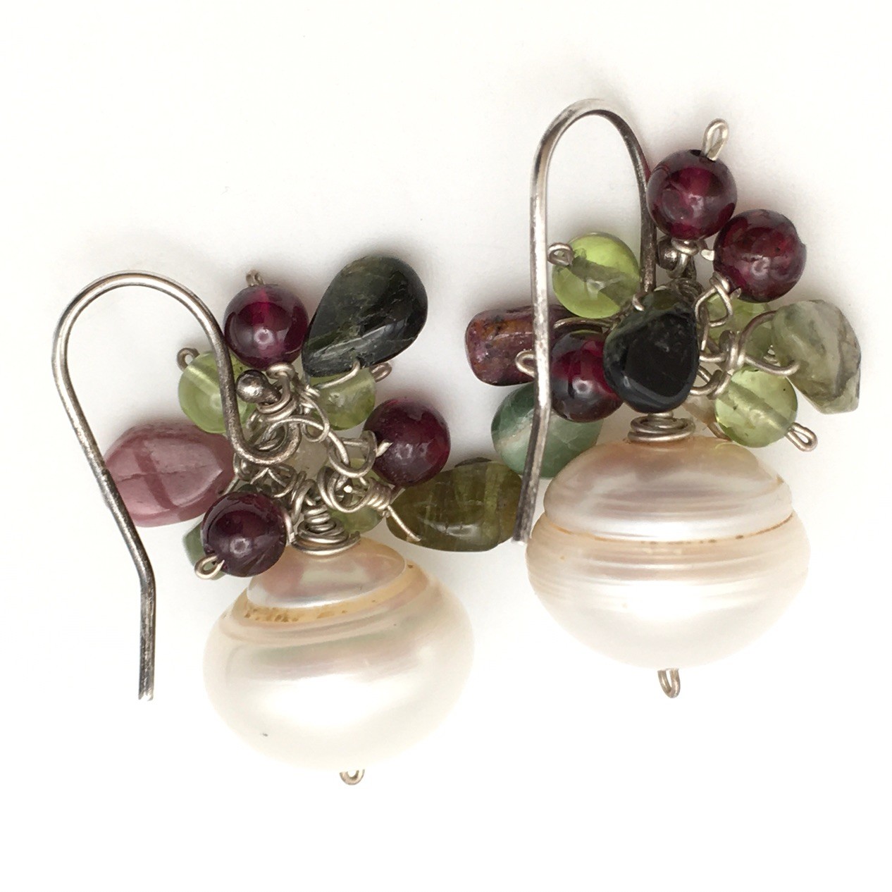 Vintage Sterling Silver Pearl Garnet Green Stone Hook Dangle Earrings 925 8g #92
