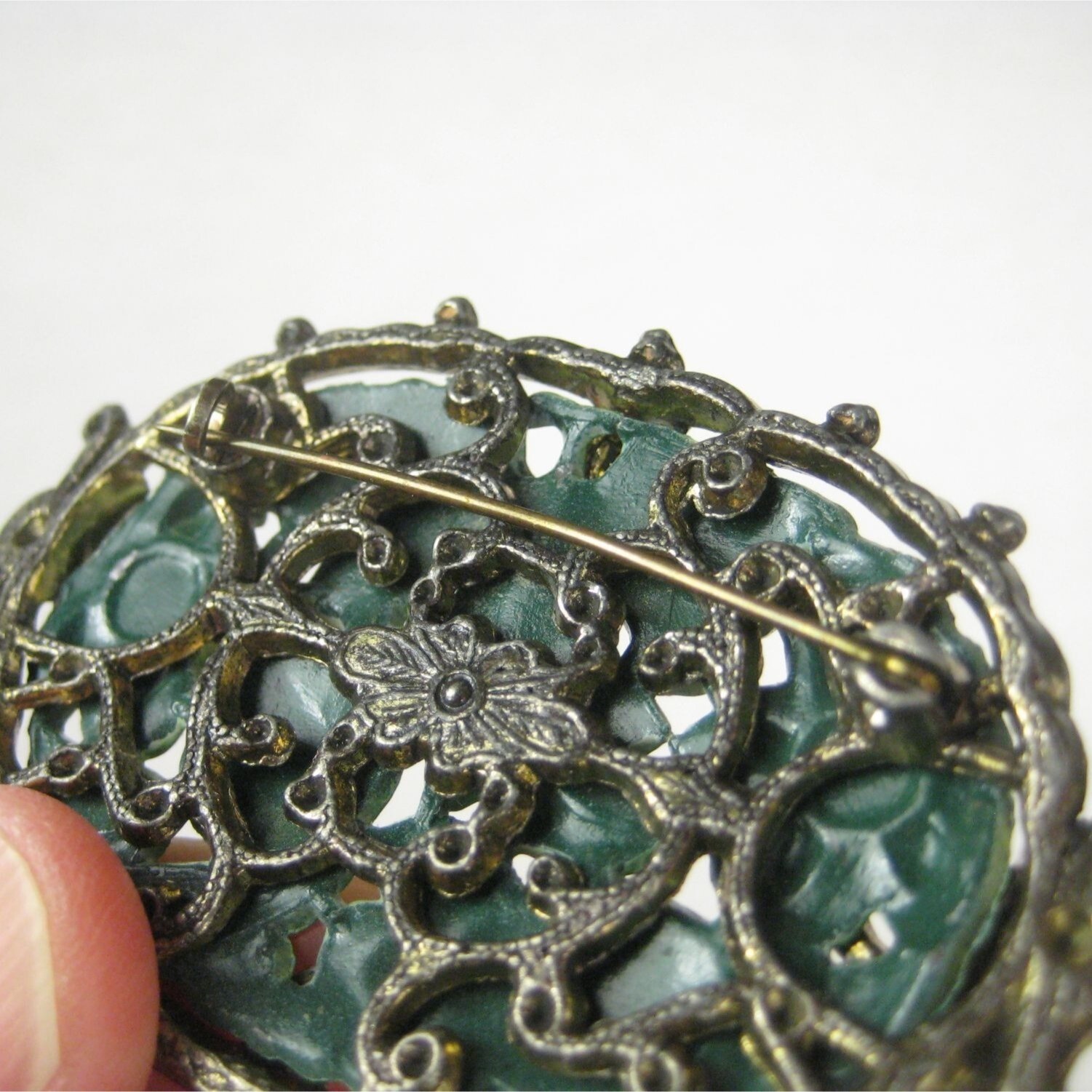 Victorian Repousse Enamel Metal Brooch Pin Silvetone Vintage Estate Leaf