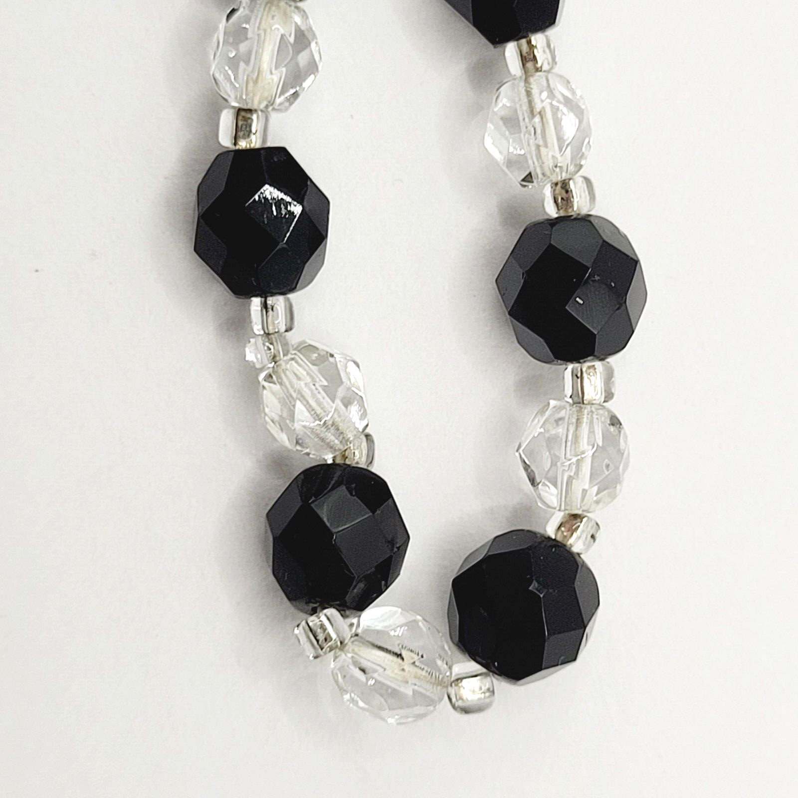 Modern Art Deco Black Clear Cut Crystal Bead Silver Tone Vintage Necklace 31 in