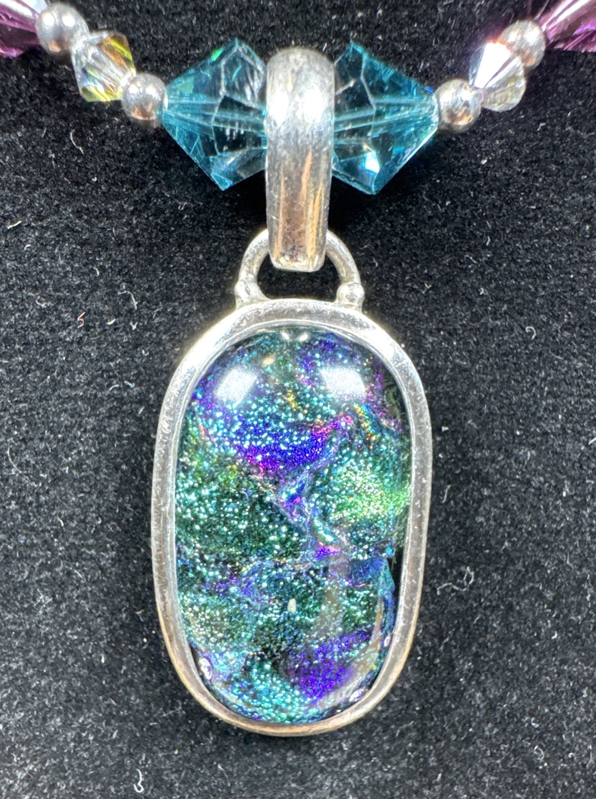 ✨Vintage Dichroic Glass 925 Sterling Silver Beaded Necklace 18” Toggle Closure