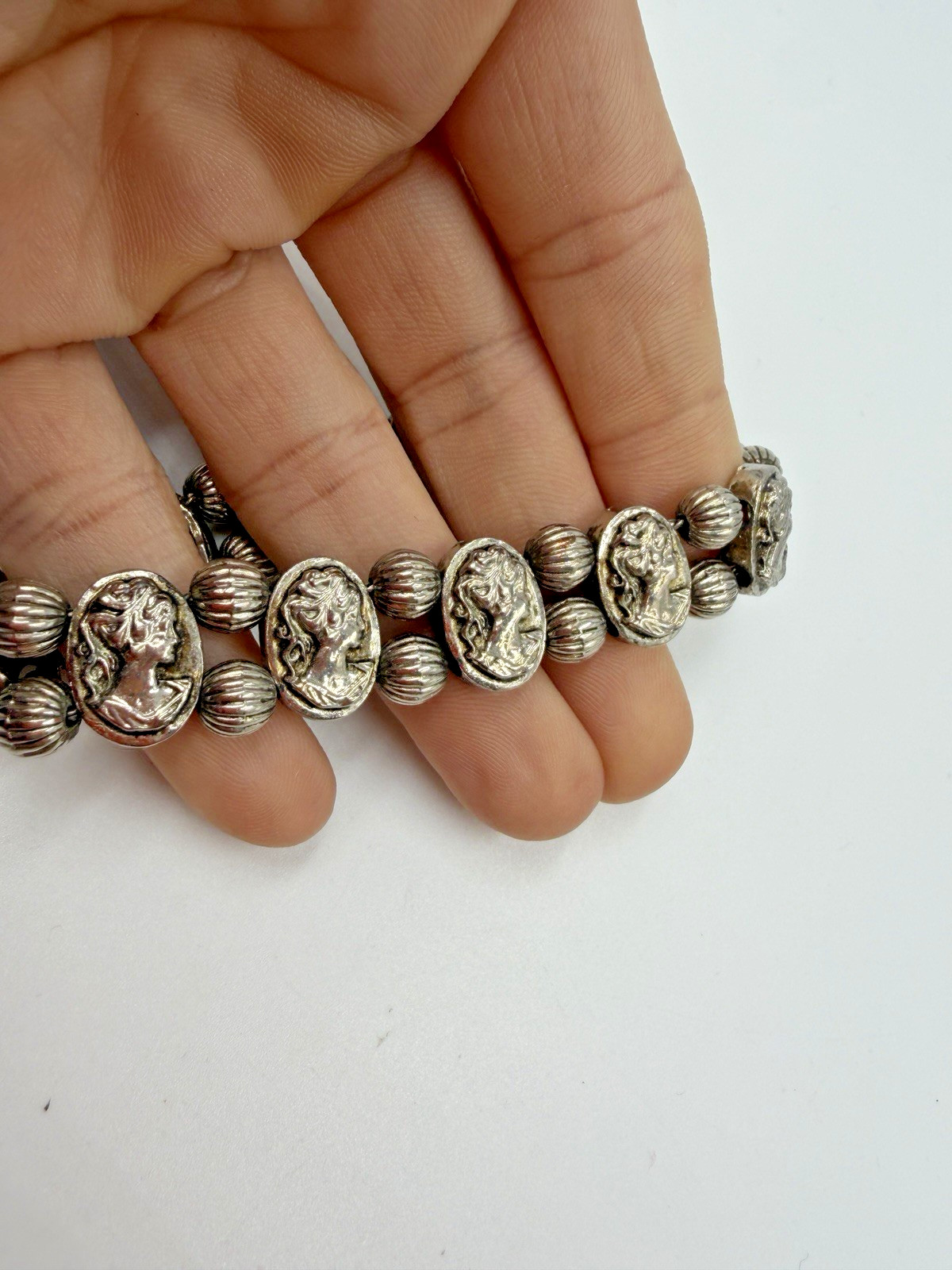 Vintage Bracelet Charm Slide Cameo Silvertone Melon Bead Wide 7.25 in