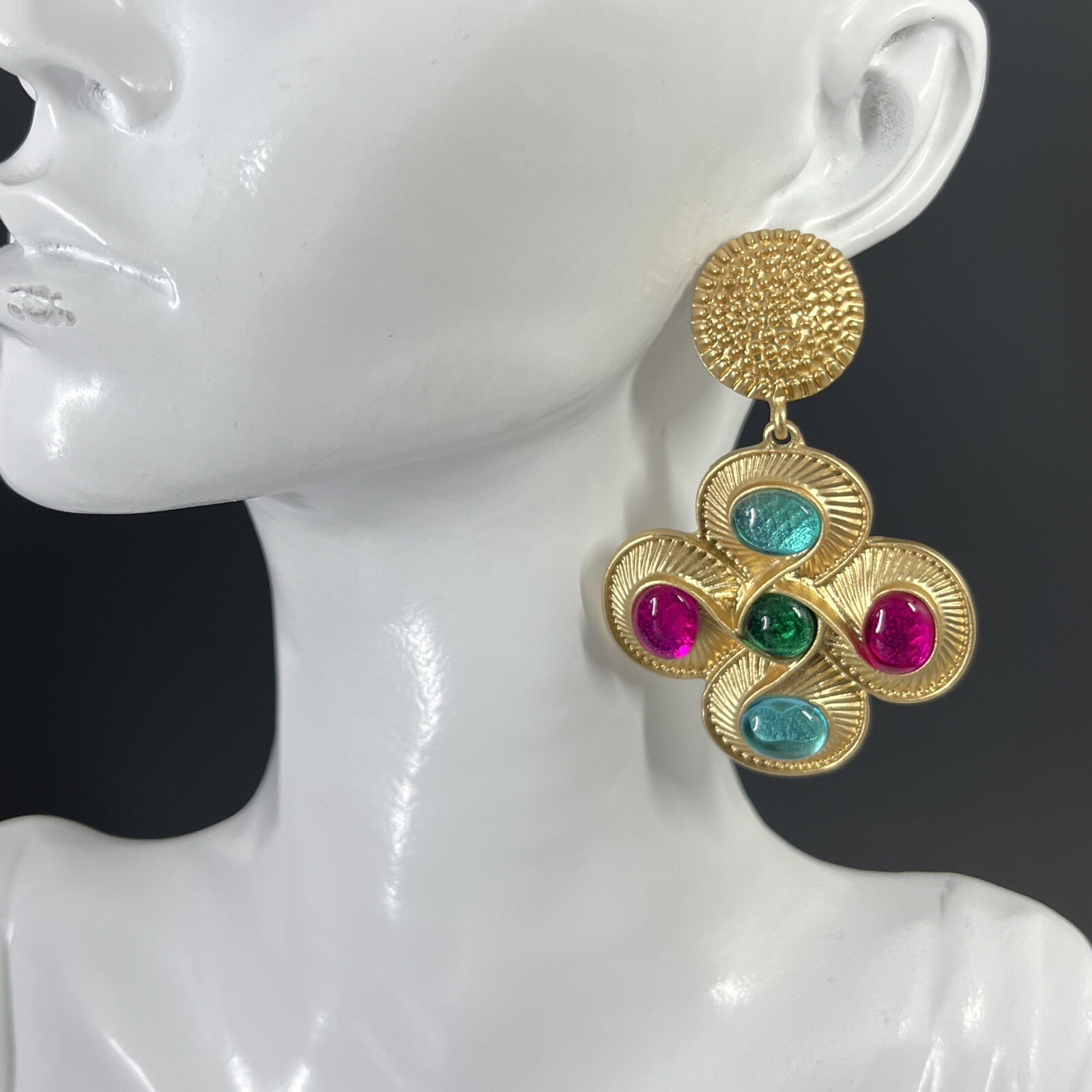 Maltese Cross Gripoix Earrings Glass Cabochon Matte Gold Tone Pierced Pink Blue