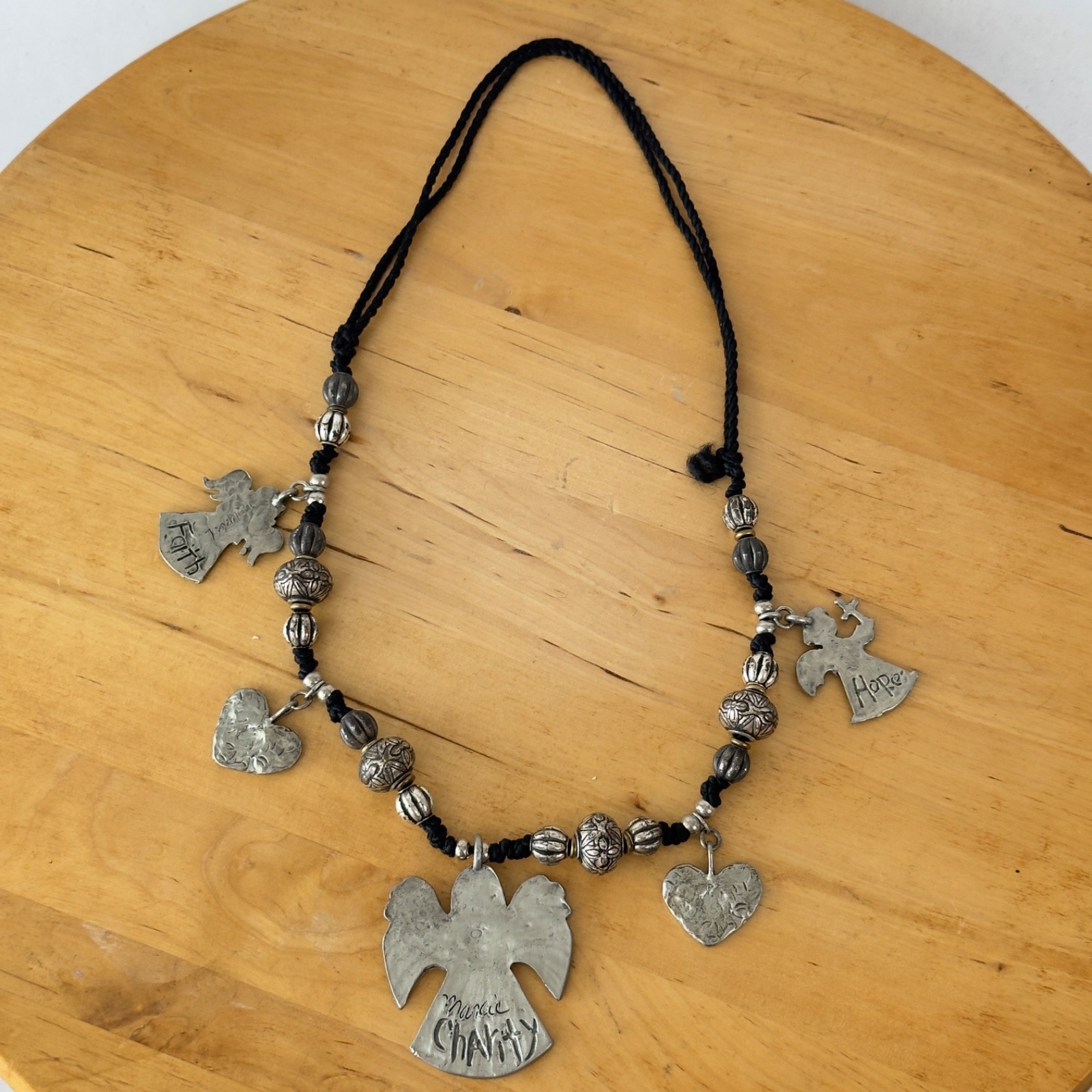 Vintage Signed MARCIE Beaded Pewter 3 Angels Cord Necklace Faith, Hope & Charity