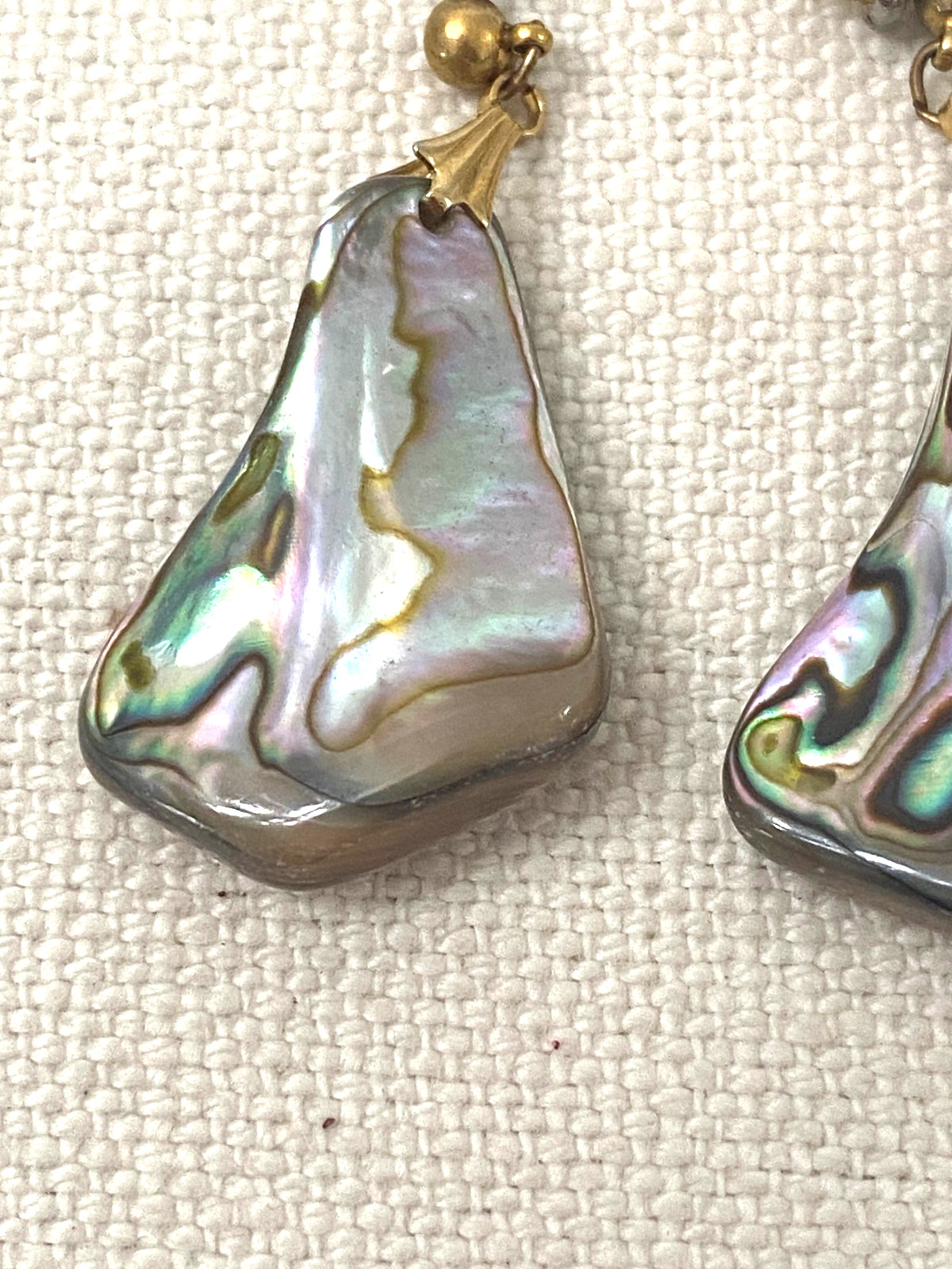 Vintage Style Iridescent Blue Green Abalone Shell Dangle Earrings Pear Shape