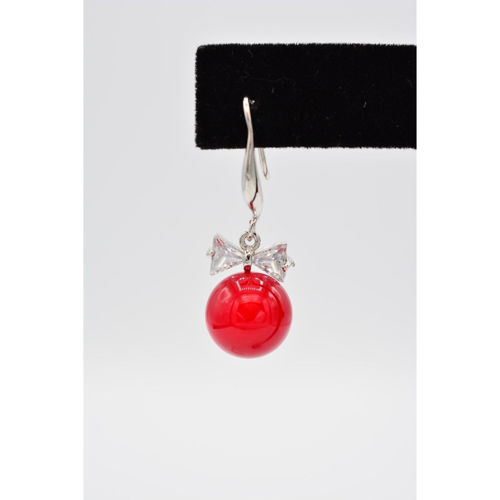 Vintage Dangle Earrings Crystal Bezel Bow Red Ball Drop Round 1990s BinAO