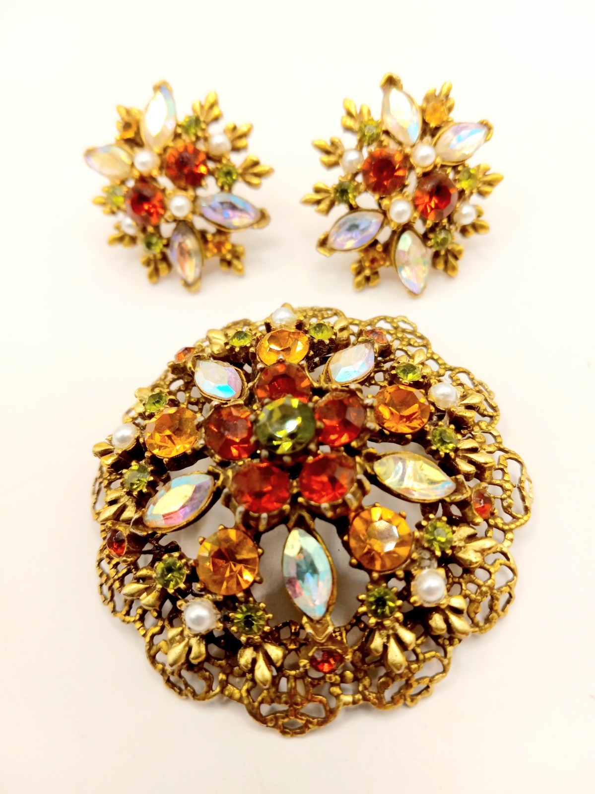 Vintage Rhinestone Brooch & Clip Earrings Autumn Fall Colors AB Accents Goldtone