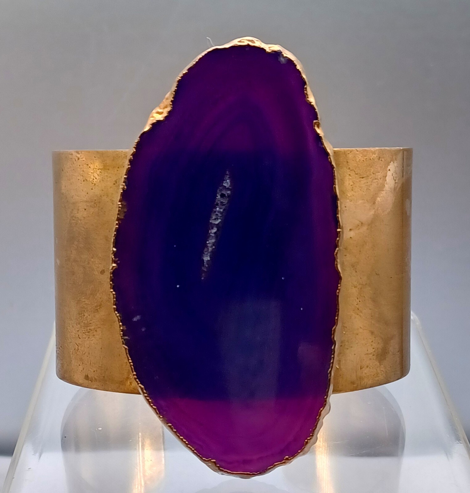 Purple Geode Cuff Bracelet Brass Wide Violet Purple Stone Handmade Statement 6.5
